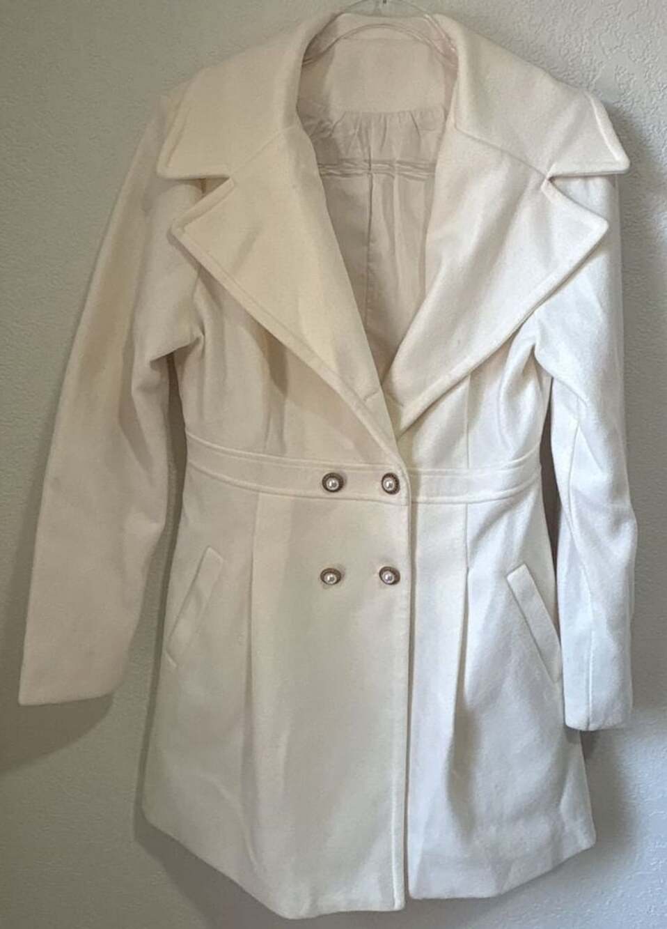 Shein Women's White Double-Breasted Peacoat with Pearl Buttons Size M